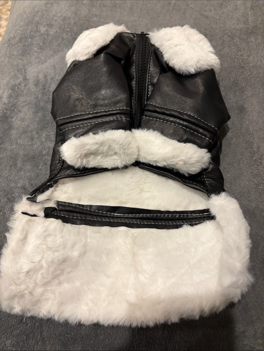 Black Faux Leather Dog Coat with White Faux Fur Trim new never used